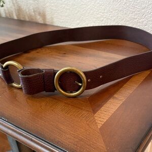 Classic Brown Leather Belt with Brass Ring Buckle
